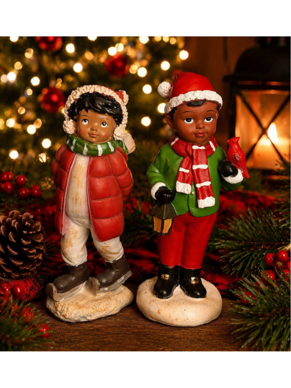 Christmas Resin Figurine Set 2 Children Winter Carolers Holiday Decor